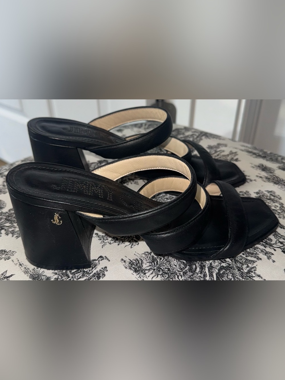 Jimmy Choo Black Leather Strappy Block Heel Square Toe Sandals 90’s Minimalist
